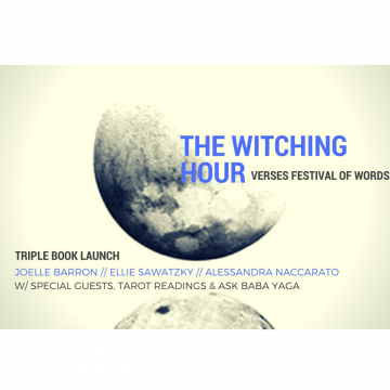[ID: Image of a partial moon face. The bottom of the moon is reflected at the bottom of the image. The moon is set against an off white background. The words "The Witching Hour" "Verses Festival of Words" " Joelle Barron // Ellie Sawatzky // Alessandra Naccarato" and " w/ special guests, tarot readings and ask baba yaga" overlaid on the moon image in black and blue font. /end ID]