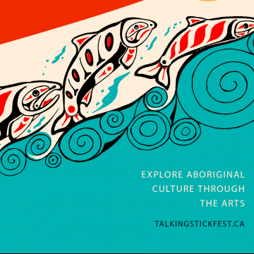 [ID: Graphic image with salmon and red and black designs inside them move diagonally from middle left to upper right. The salmon are leaping along the edge of a turquoise coloured representation of water with spirals along the top edge. The words "EXPLORE ABORIGINAL CULTURE THROUGH THE ARTS. TALKINGSTICKFESTIVAl.CA" appear in the bottom right corner of the image. /endID]