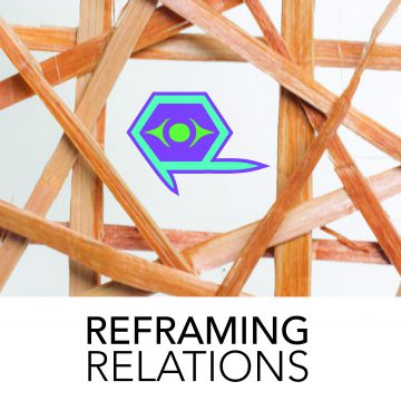 [ID: Cedar strips woven to create a square in the middle framing the Reframing Relations logo. The logo is a purple and turquoise design. The words Reframing Relations are below the image. /endID]